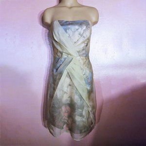 Karen Millen Strapless Dress~Folded Sheer Beige over Pink Blue Gray Silk~6/UK 10